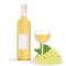 Bottles of wine with a glass and a bunch of grapes. A glass of white wine and grapes. Vector illustration of wine making