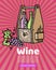 Bottles of wine in wooden crate and winery grapes on retro stripped background vector illustration. Box of old wine