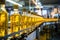 Bottling line of sunflower oil in bottles. Vegetable oil production plant. Industrial background