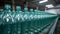 Bottling plant factory fills rows of transparent plastic water bottles generated by AI