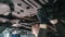 Bottom of car - Worker mechanic checks - automobile service