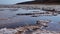 The bottom of a dying estuary, lake. Self-precipitating salt covers stones with a layer of white crystals, an environmental