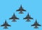 Bottom up view of five combat jet planes flying in an arrow formation