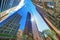 Bottom up view on skyscrapers reflected in glass in Philadelphia