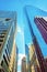 Bottom-up view to skyscrapers reflected in glass in Philadelphia