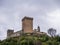 Bottom view of Castle of Monforte de Lemos, located on a small hill in a valley