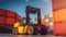 Bottom view Forklift truck lifting cargo container in shipping yard for transportation import,export, logistic industrial with