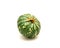 Bottom view fresh harvest baby winter squash, round eight ball gourd faint vertical ridges, speckled green striping, yellow