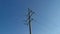 Bottom view of a high-voltage pole against a blue sky. Technology