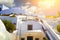 Bottom view of the hotel, sky and sun stairs, bright hot day. concept of resort hotels in Europe, Santorini, Greece