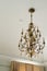 Bottom view of a metal bronze chandelier with candlestick shades and crystal pendants on a white ceiling and carved cornice,