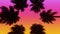 Bottom view of palm trees in sunset. 3d Synthwave animated background. Seamless loop.