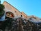 Bottom view shot of Puerta de Bisagra in Toledo, Spain