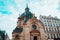 Bottom view shot of the Temple du Marais and a cloudy sky in Paris, France