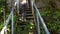 Bottom View Slim Girl Goes up Wooden Stairs in Park