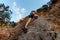 bottom view of sportive woman who climbing up on rocks using rope.