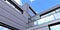 Bottom view of the stunning facade of a country house against a blue sky. Futuristic metal panels make the exterior of the