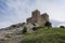 Bottom view of the tower of Genoese fortress of the 14th century in the Sudak bay on the Peninsula of Crimea