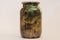 Botulism, food poisoning from canned foods concept. Glass jar wi