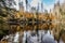 Boubin lake. Reflection of fall trees of Boubin Primeval Forest, Sumava Mountains, Czech Republic.Water reservoir located at the