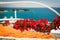 Bougainvillea flowers and the view on the sea