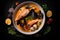 Bouillabaisse Seafood Soup, Fish, Shrimps Broth in Bowl, Abstract Generative AI Illustration