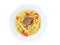 Bouillon clear beef broth with noodles and vegetables in white plate isolated