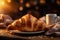 Boulangerie delight Croissant, cup on table against bokeh breakfast backdrop