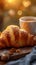 Boulangerie delight Croissant, cup on table against bokeh breakfast backdrop