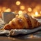 Boulangerie delight Croissant, cup on table against bokeh breakfast backdrop