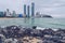 Boulders on the Haeundae beach in Busan on gloomy day