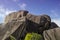 Boulders rocks and leaf coconut palm in La Digue island Seychelles