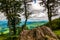 Boulders, trees, and view of the Blue Ridge at an overlook in Shenandoah National Park