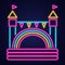 Bouncy castle neon icon. Jumping house on kids playground. Vector illustration.