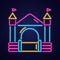 Bouncy castle neon icon. Jumping house on kids playground. Vector illustration.