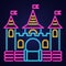 Bouncy castle neon icon. Jumping house on kids playground. Vector illustration.