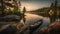 Boundary waters canoe trip. Beautiful river sky cloud reflection. Fir trees pristine wilderness.