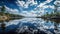 Boundary waters canoe trip. Beautiful river sky cloud reflection. Fir trees pristine wilderness.