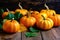 Bountiful Autumn: Vibrant Orange Pumpkins and Lush Green Leaves on Wooden Table - Generative AI