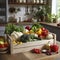 A bountiful harvest of fresh, organic vegetables displayed beautifully in a rustic wooden box on the table