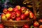 Bountiful harvest, full basket of red organic apples, golden leaves dancing