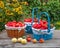 Bountiful harvest of red apples in wicker baskets on a wooden table in a garden