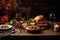 A bountiful table filled with plates of appetizing food and a succulent turkey that will make your mouth water., Rustic