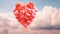 Bouquet of 100 balloons in the form of hearts in the clouds in the sky, with pronounced clouds, film photography, in a