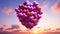 Bouquet of 100 balloons in the form of hearts in the clouds in the sky, with pronounced clouds, film photography, in a
