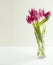 Bouquet of 5 Tulips flowers in clear vase on the left