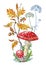 Bouquet with amanita and forest vegetation, watercolor illustration