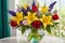 Bouquet of Assorted Flowers Including Red Roses, White Lilies, Purple Irises, and Yellow Tulips - Classic Elegance