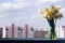 A bouquet of beautiful different daffodils in a glass jar stands on the windowsill of an open window. Spring flowers at home