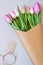 Bouquet of beautiful pink and purple fresh tulips